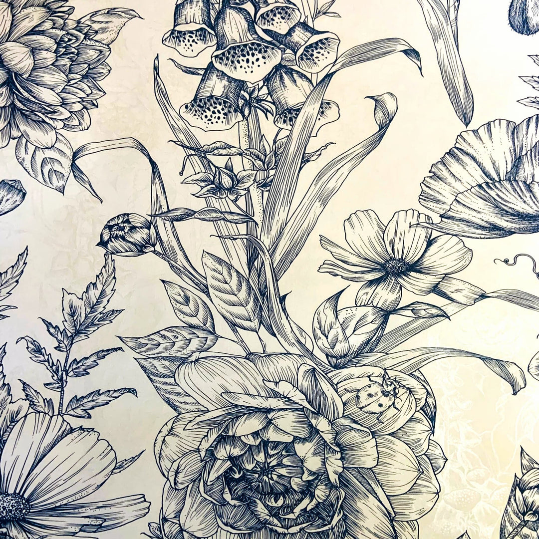SALE - 30cm Blue Detailed Floral - Double Sided - Denim Blue Linen Style Drum Lampshade