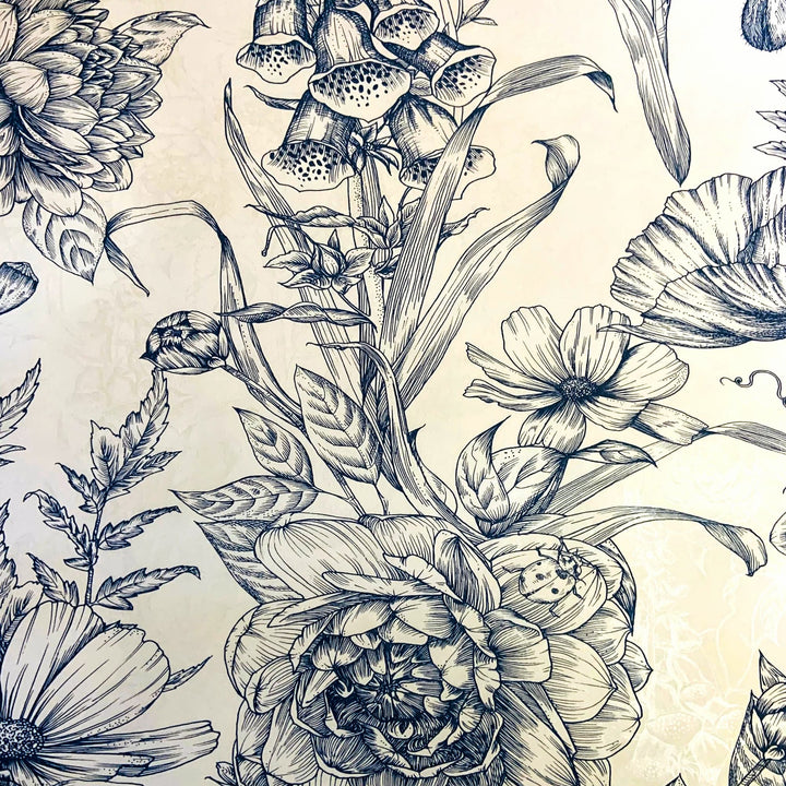 SALE - 30cm Blue Detailed Floral - Double Sided - Denim Blue Linen Style Drum Lampshade